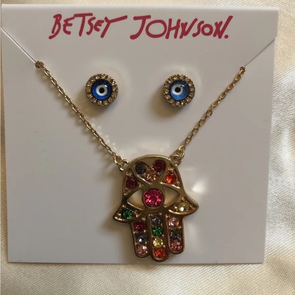 Betsey Johnson Gold Tone Hamsa Hand Pendant Necklace + Evil Eye Stud Earrings - Picture 1 of 11